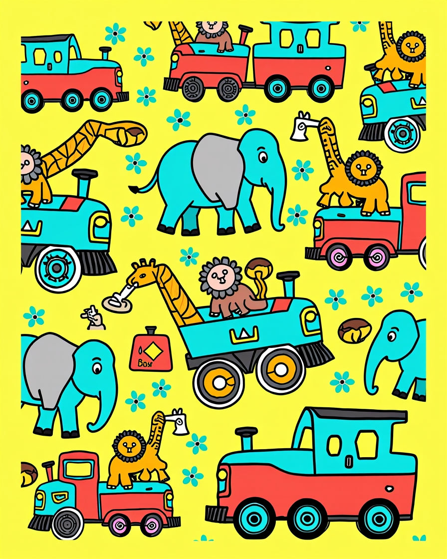 Whimsical Teal Elephant Lion Train Adventure Rug