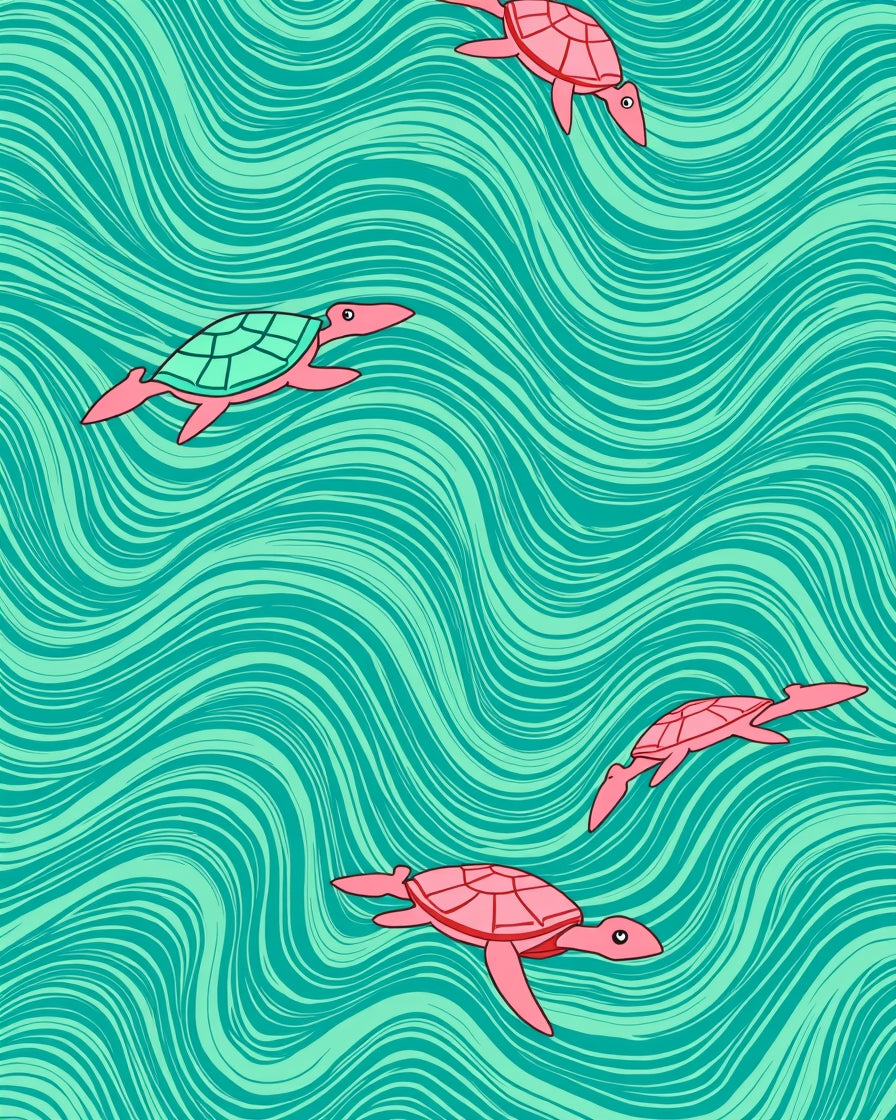 Coral Turtle Ocean Wave Scene Rug