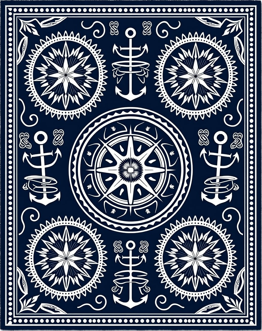 Navy White Nautical Compass Rose Anchor Rug