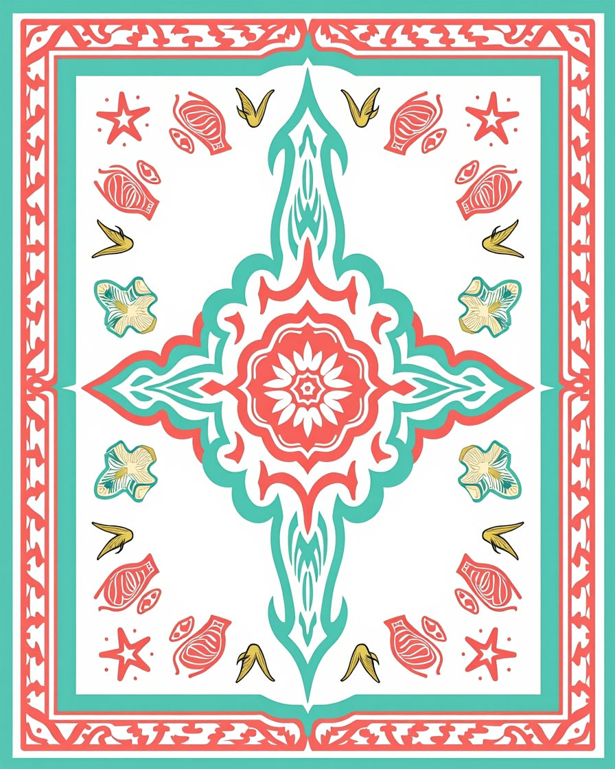 Coral Teal Floral Starburst Medallion Rug