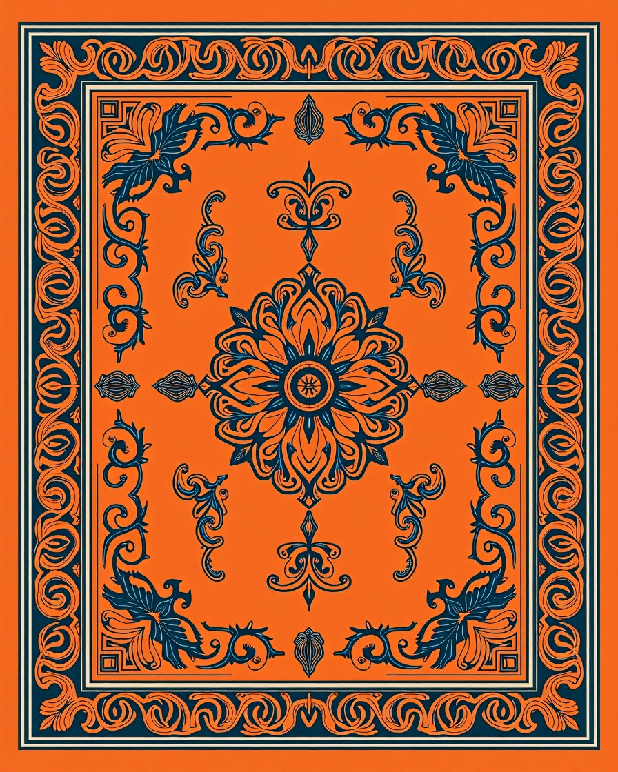 Orange and Navy Floral Medallion Rug
