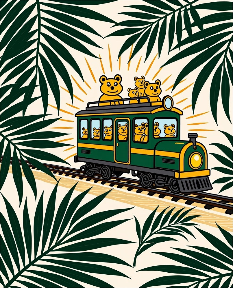 Green Train with Yellow Bears Tropical Journey Rug