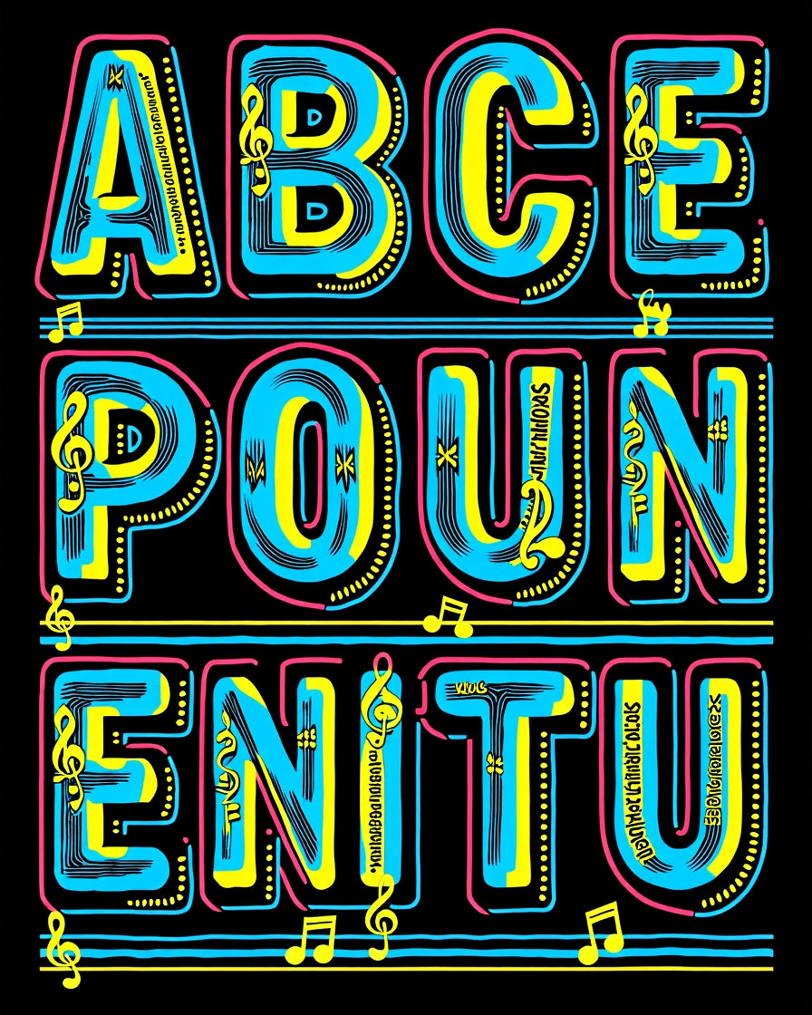 Vibrant Blue Yellow Neon Alphabet Rug