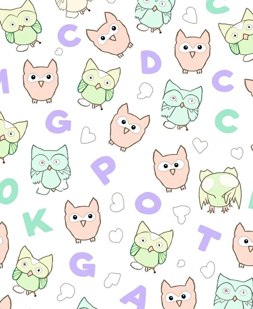 Whimsical Owl Alphabet Pastel Collage Rug