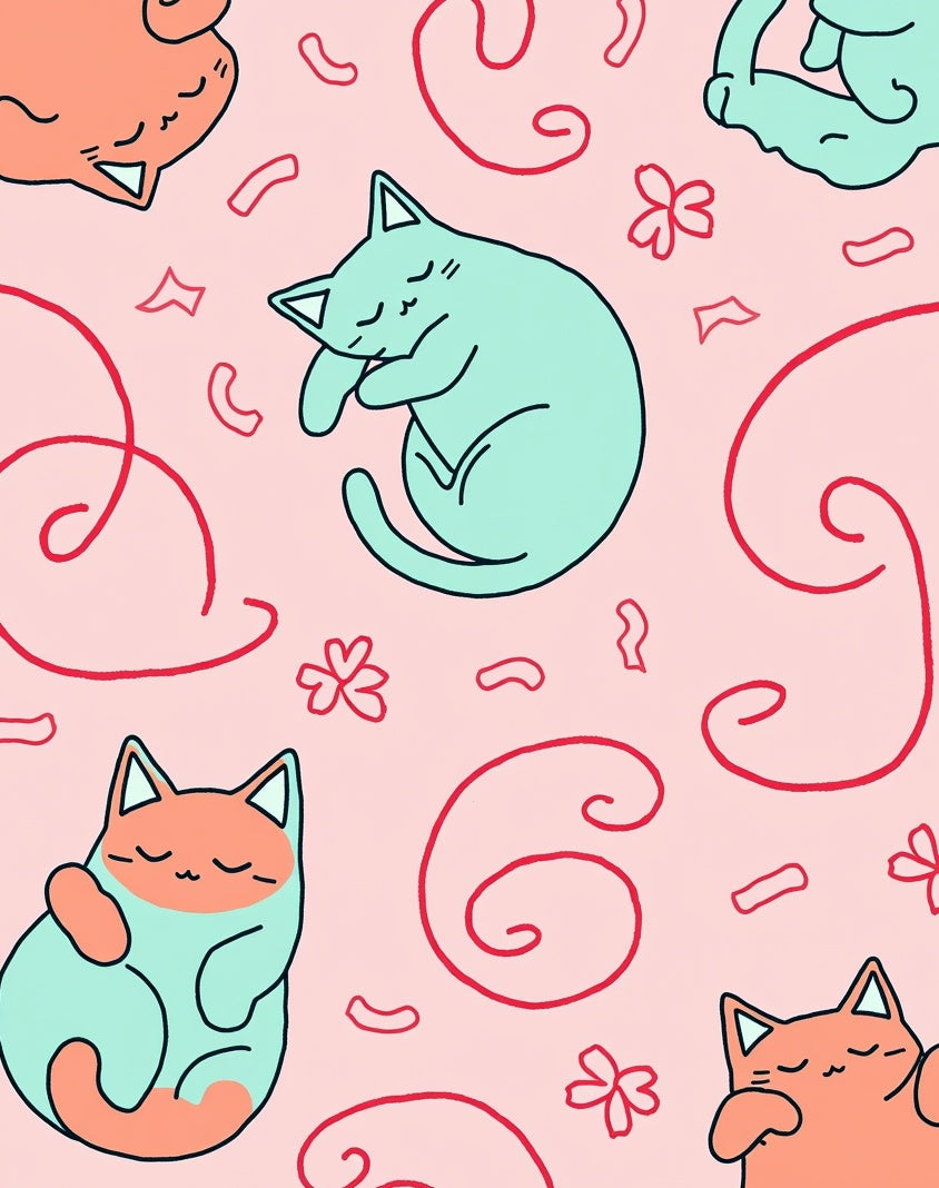 Sleeping Cats In Salmon And Teal Rug