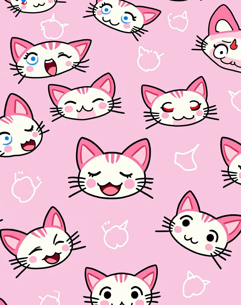 Pink Happy Kawaii Cat Faces Print Rug