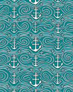 Teal Nautical Anchor Waves Rug