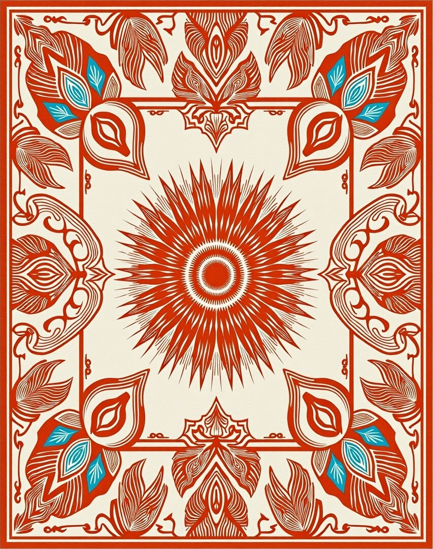 Crimson Sunburst Floral Border Rug