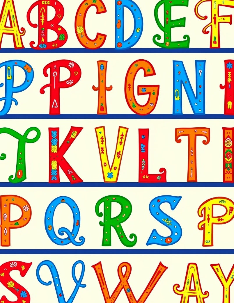 Colorful Alphabet Illustrations With Folk Motifs Rug
