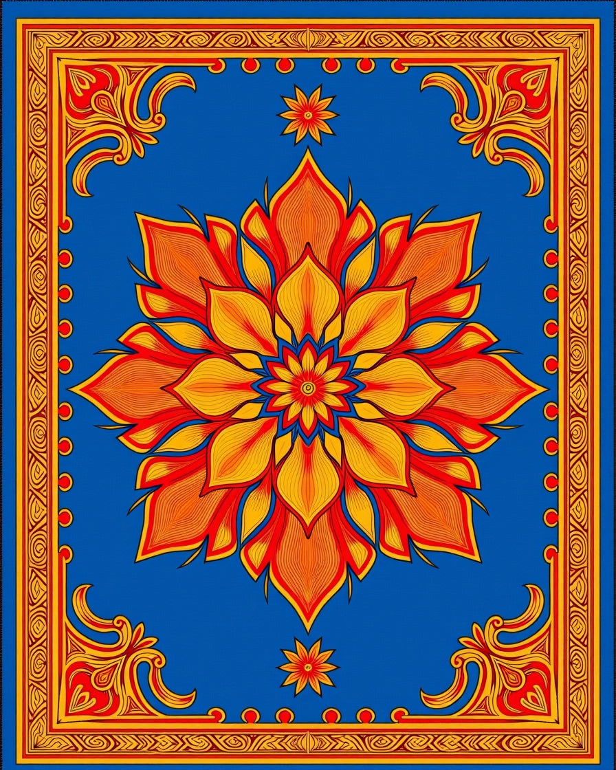 Vibrant Blue Orange Floral Medallion Rug