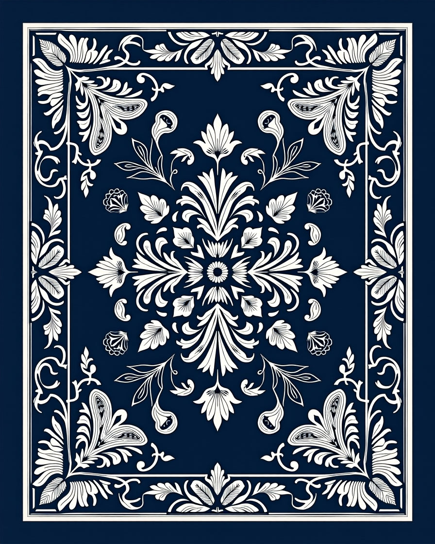 Classic Navy White Floral Medallion Rug