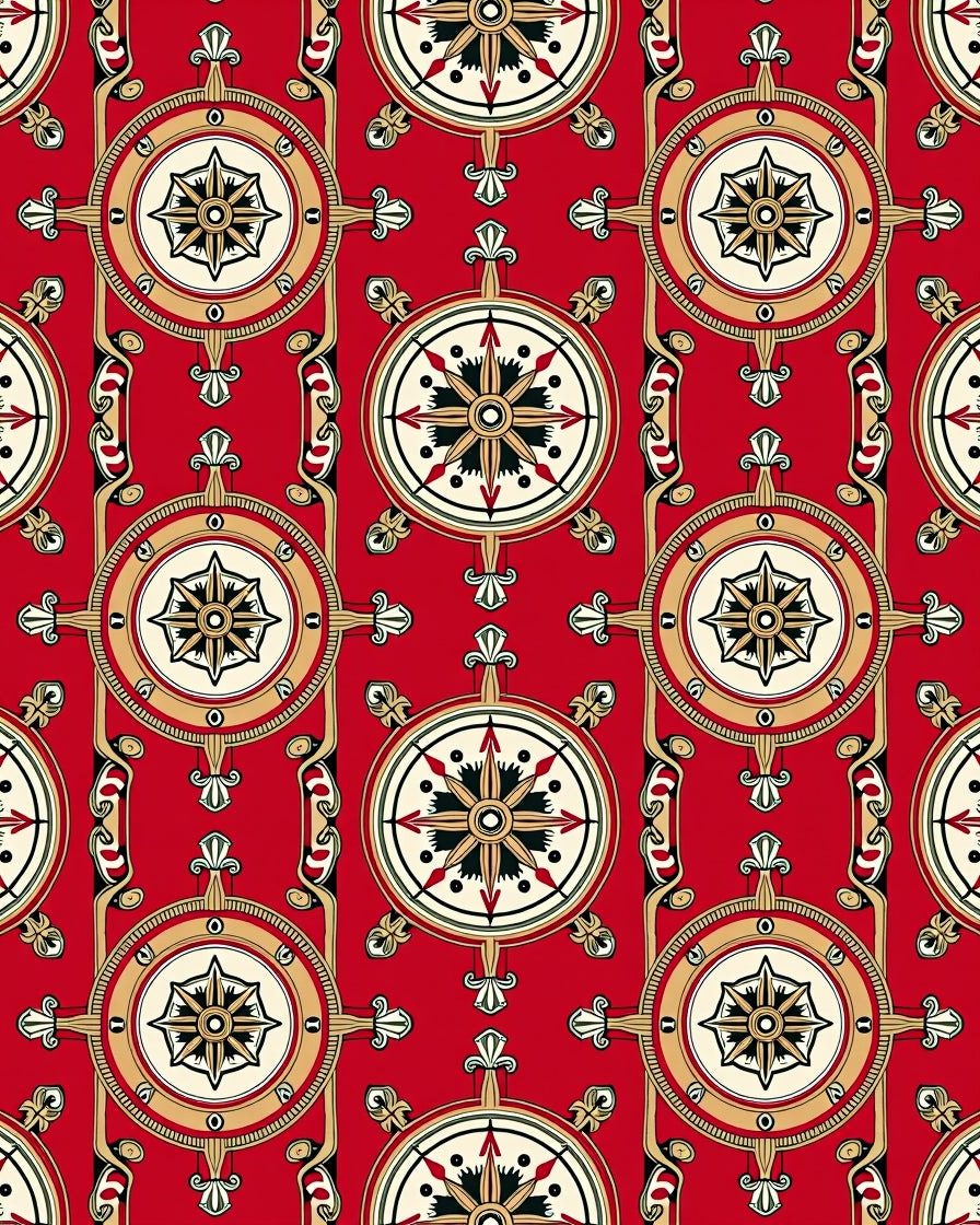 Crimson Red Nautical Compass Medallion Rug