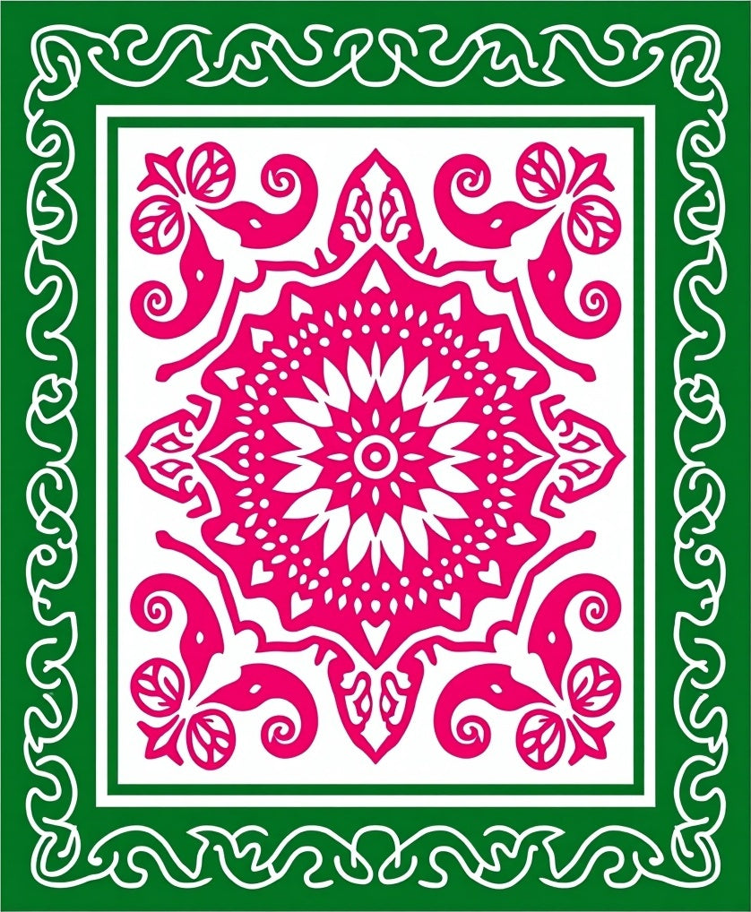 Hot Pink Floral Mandala Green Border Rug