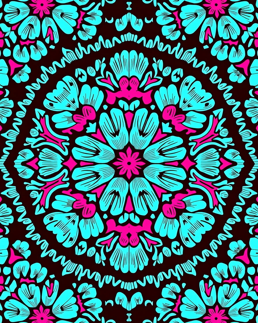 Vibrant Cyan Magenta Floral Medallion Rug