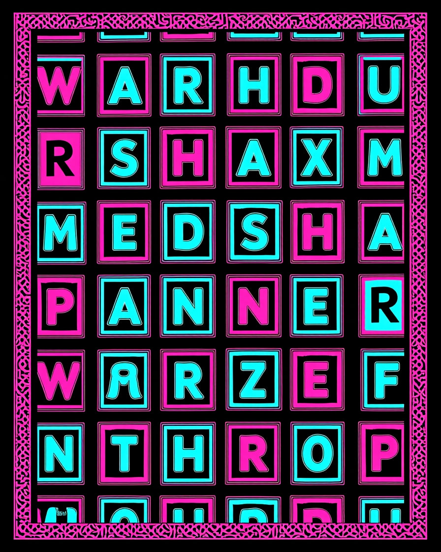 Playful Pink Cyan Alphabet Grid Rug