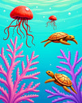 Ocean Coral Jellyfish Turtle Scene Rug