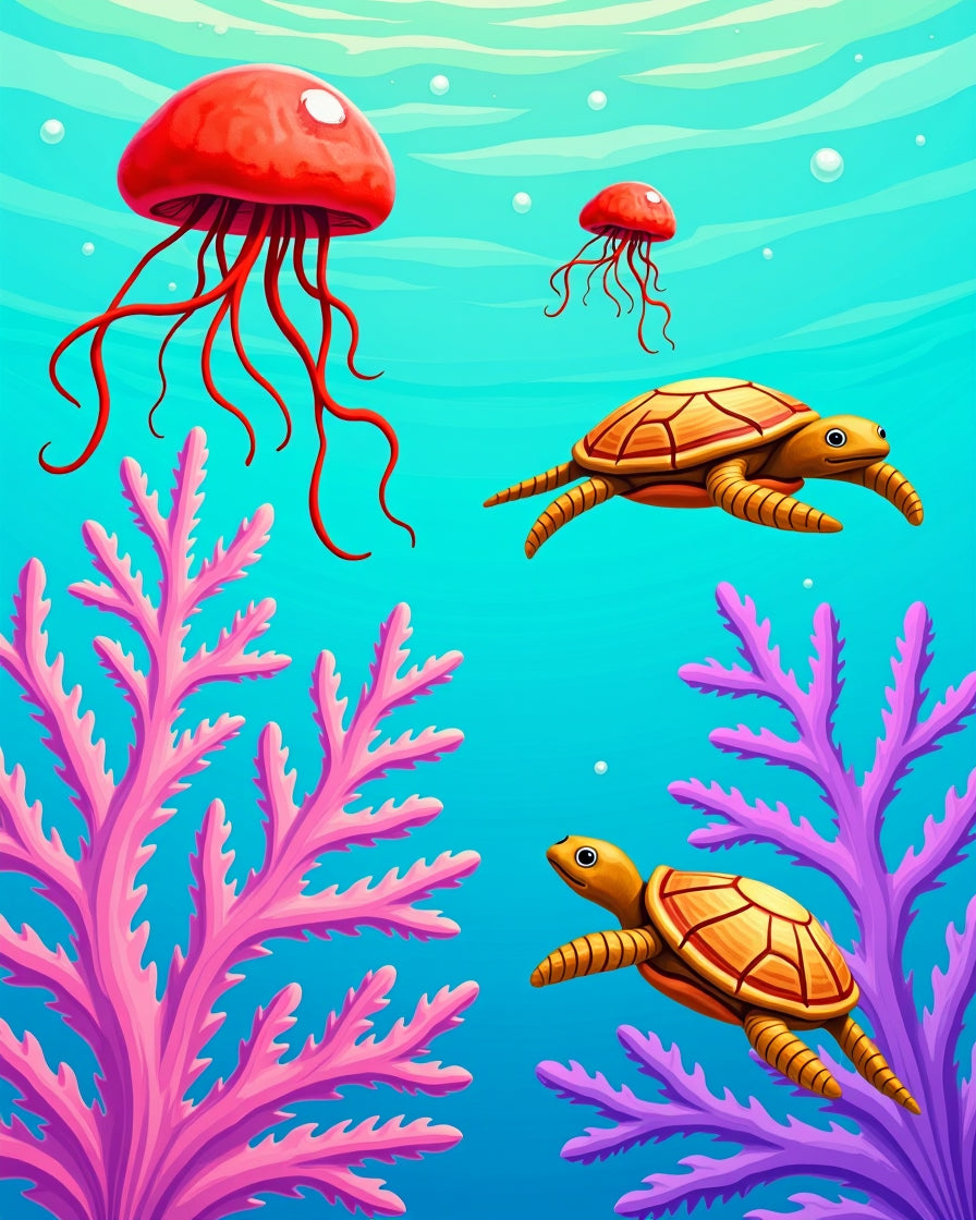 Ocean Coral Jellyfish Turtle Scene Rug