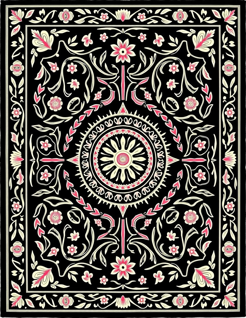 Black Floral Medallion Garden Art Rug