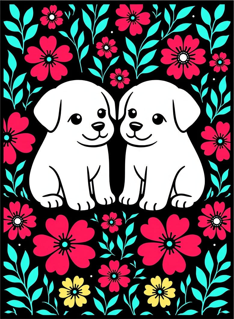 Cute Puppies Floral Garden Rug
