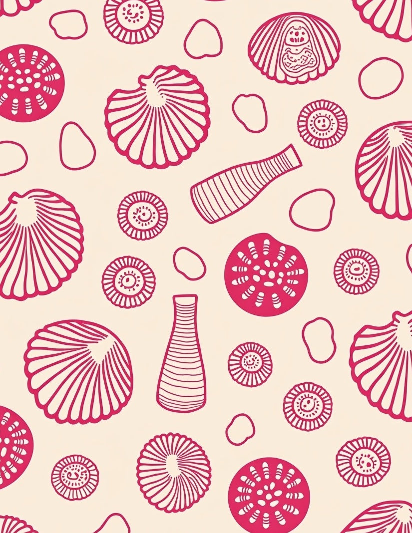 Crimson Seashell and Pod Arrangement Rug