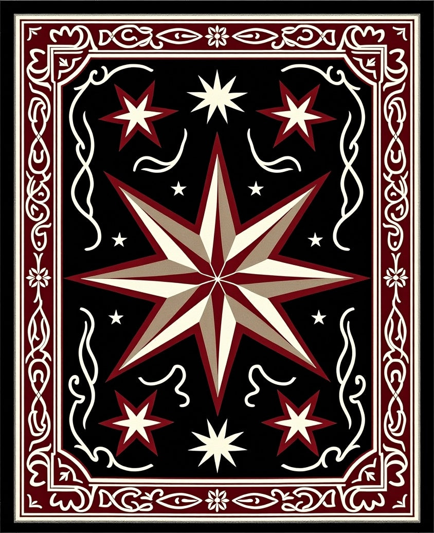 Crimson Black Starburst Geometric Border Rug