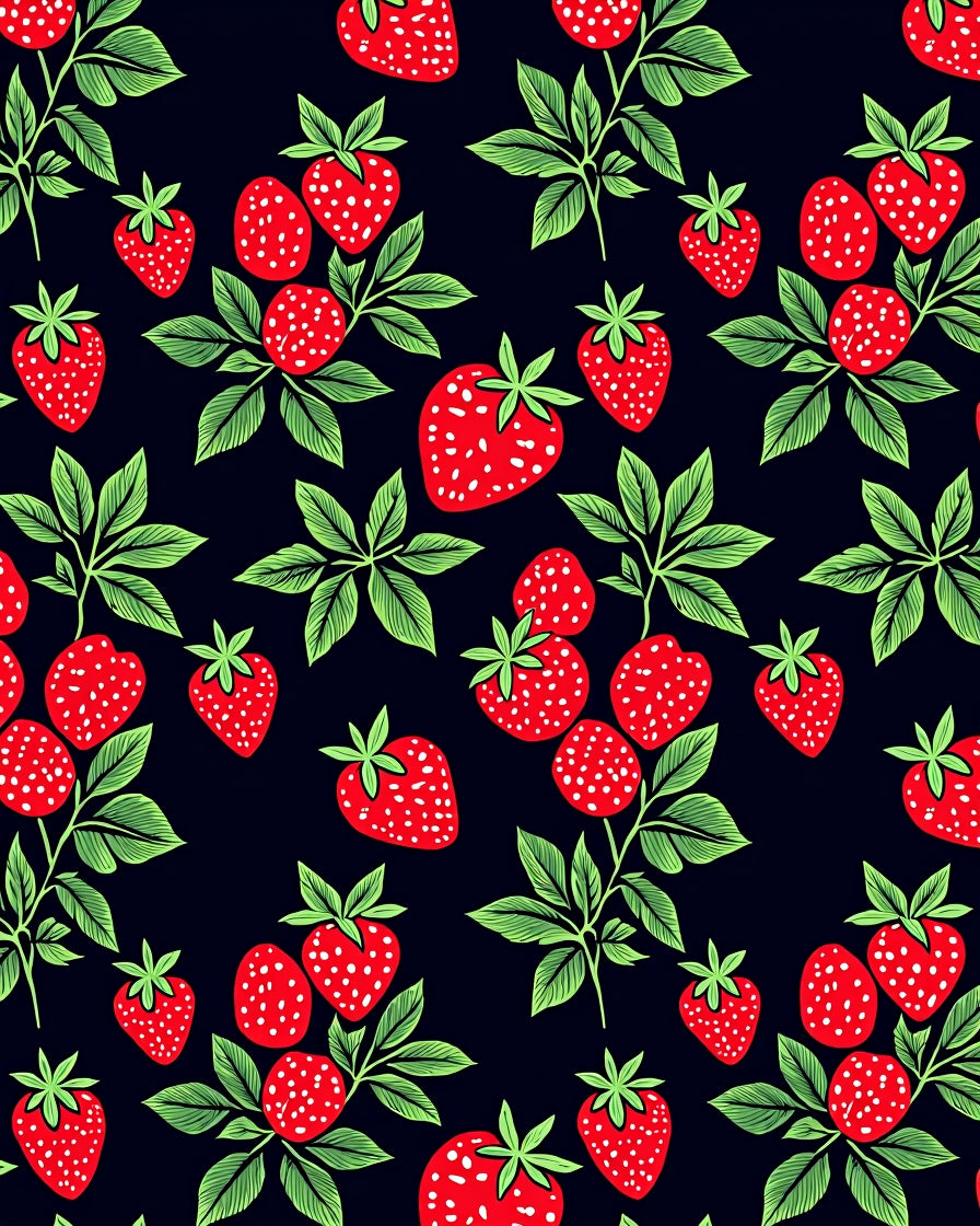Red Strawberry Foliage Dark Background Rug