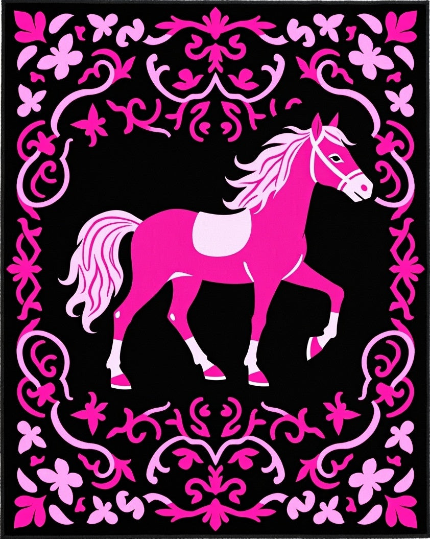 Pink Horse Black Floral Frame Rug