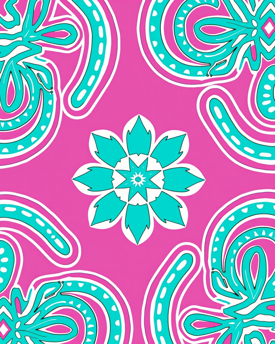Vibrant Teal Floral Medallion Pink Rug