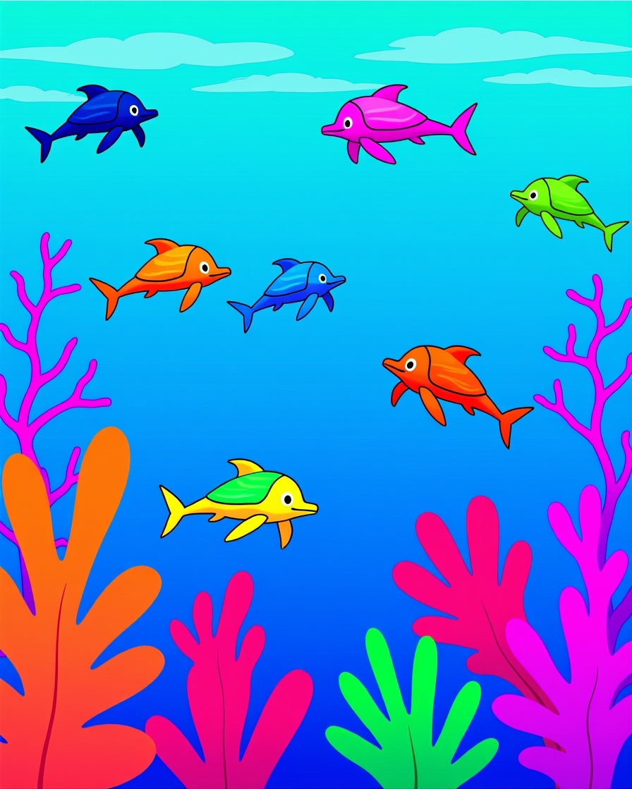 Playful Aquatic Dolphins Coral Scene Rug