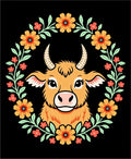 Orange Highland Cow Floral Wreath Rug