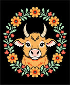 Orange Highland Cow Floral Wreath Rug