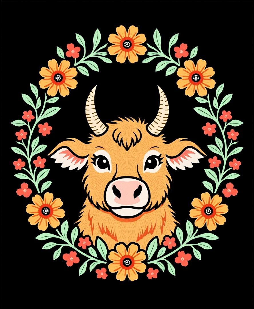Orange Highland Cow Floral Wreath Rug
