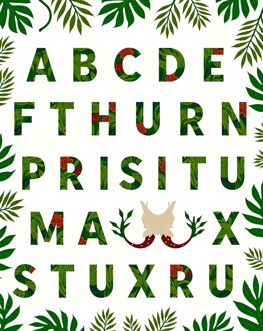 Tropical Green Leaf Floral Alphabet Rug