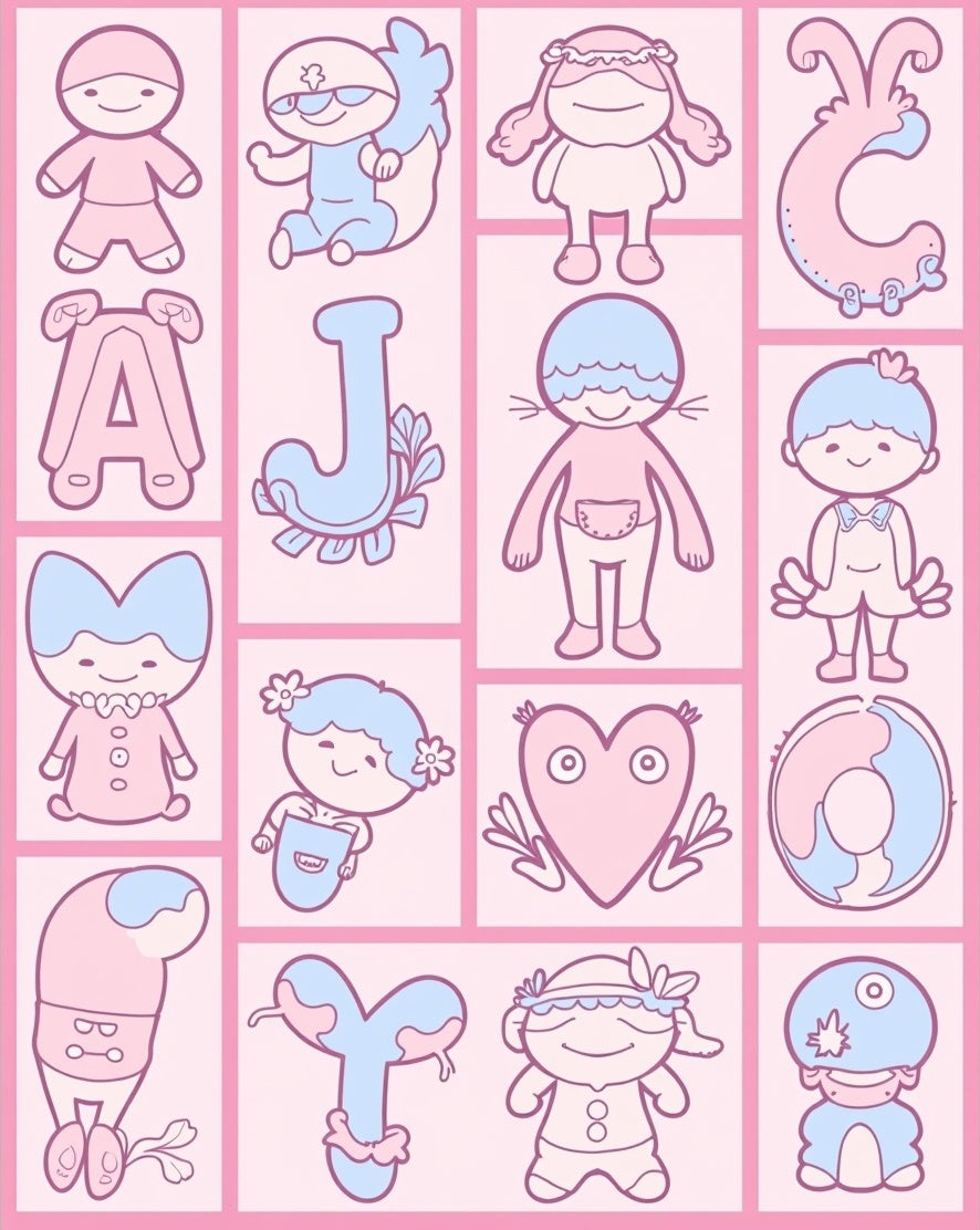 Sweet Pink Blue Cute Characters Collection Rug