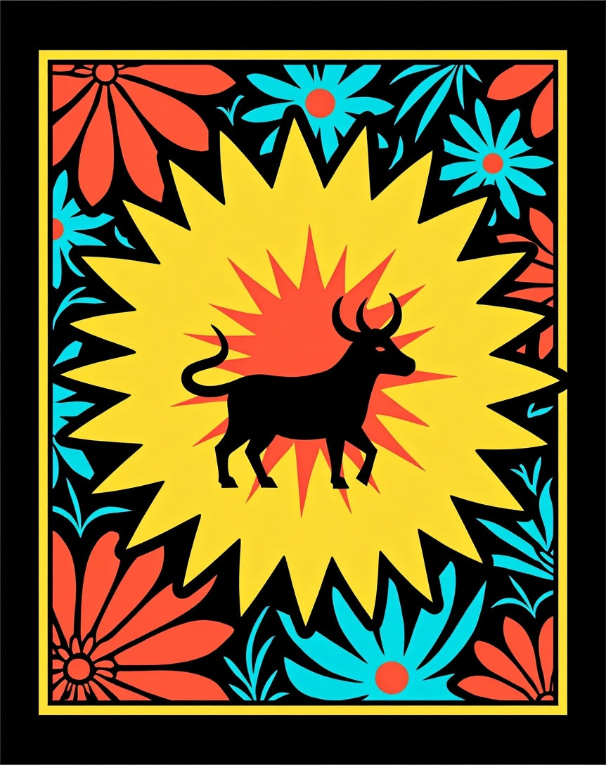 Vibrant Black Bull Floral Burst Rug