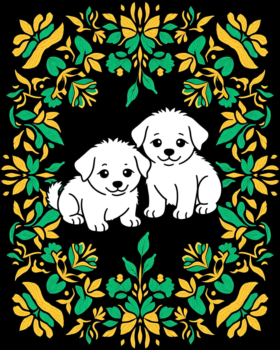 White Puppies Green Yellow Floral Frame Rug