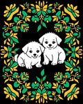 White Puppies Green Yellow Floral Frame Rug