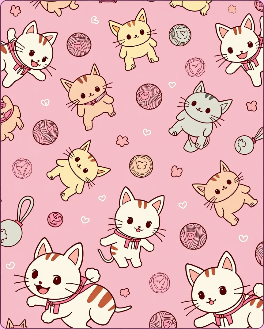 Kawaii Pink Kittens Yarn Balls Rug