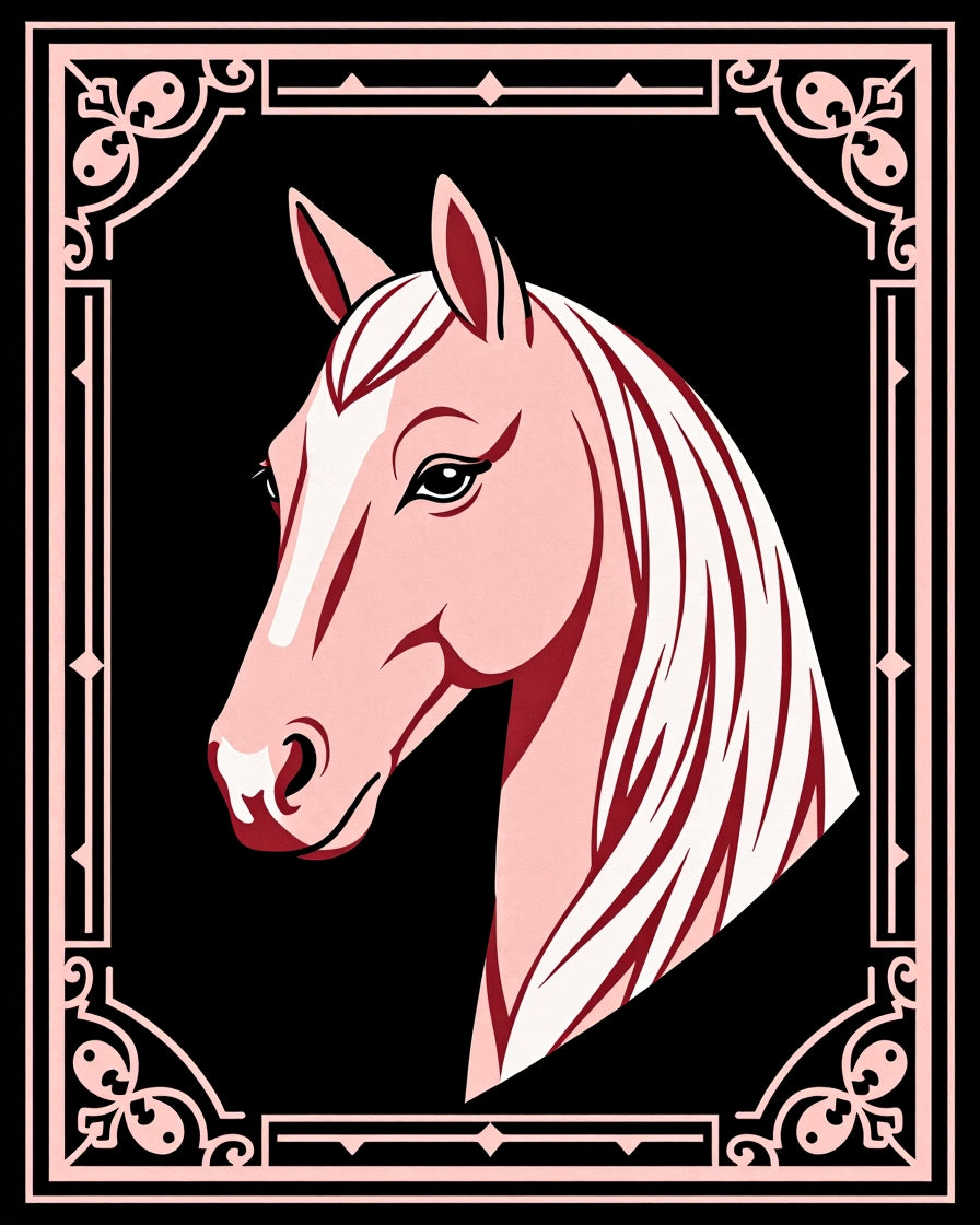 Pink Horse Portrait with Ornate Border Rug
