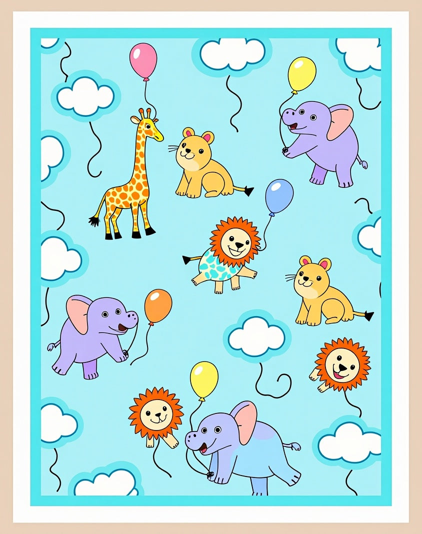 Cute Animals Balloons Sky Clouds Children's Rug