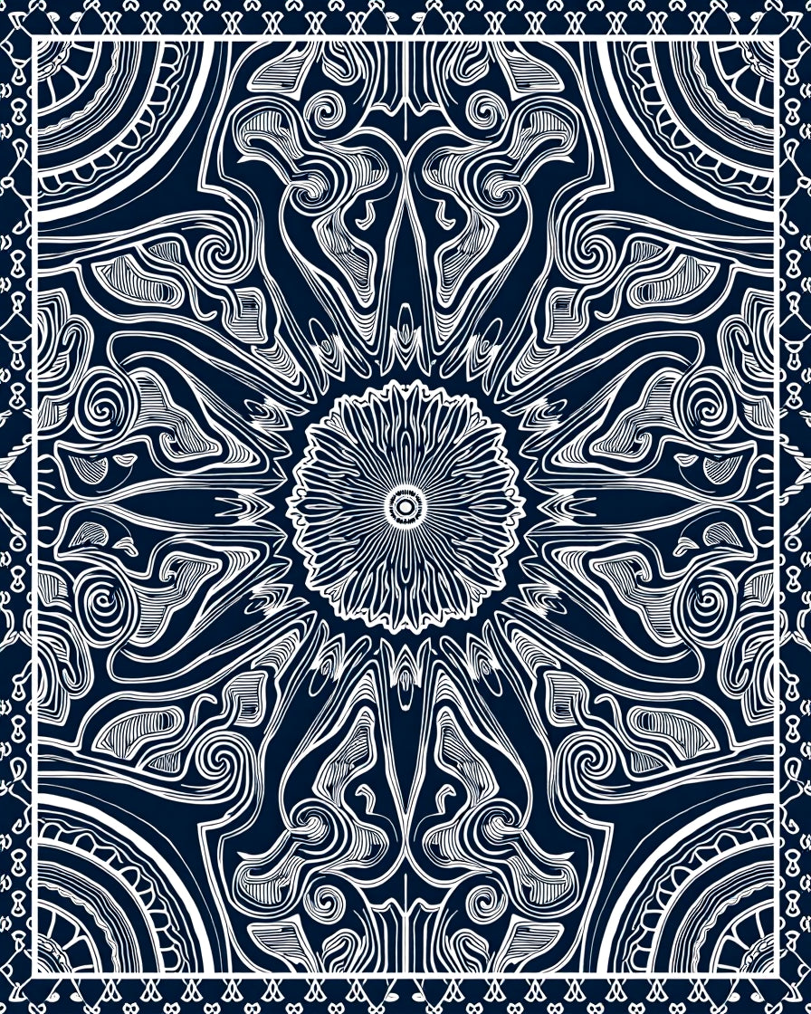 Ornate Indigo White Floral Scroll Rug