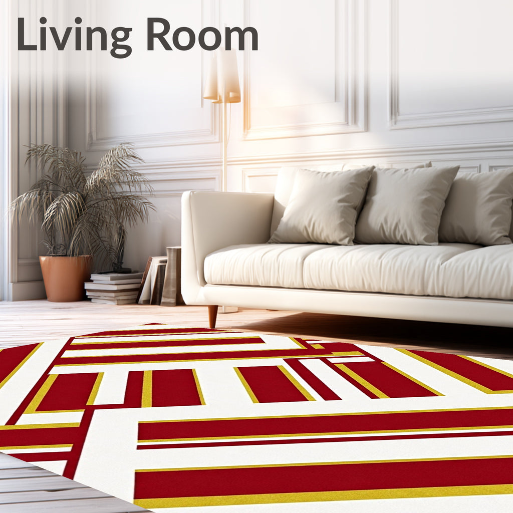 Bold Crimson Gold Geometric Overlap Rug