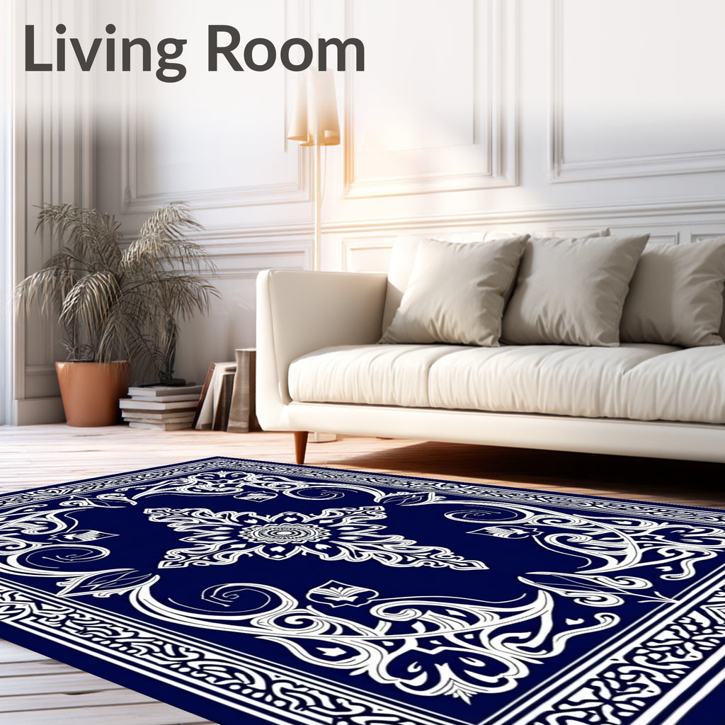 Dark Blue White Floral Medallion Tapestry Rug