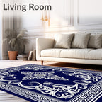 Dark Blue White Floral Medallion Tapestry Rug