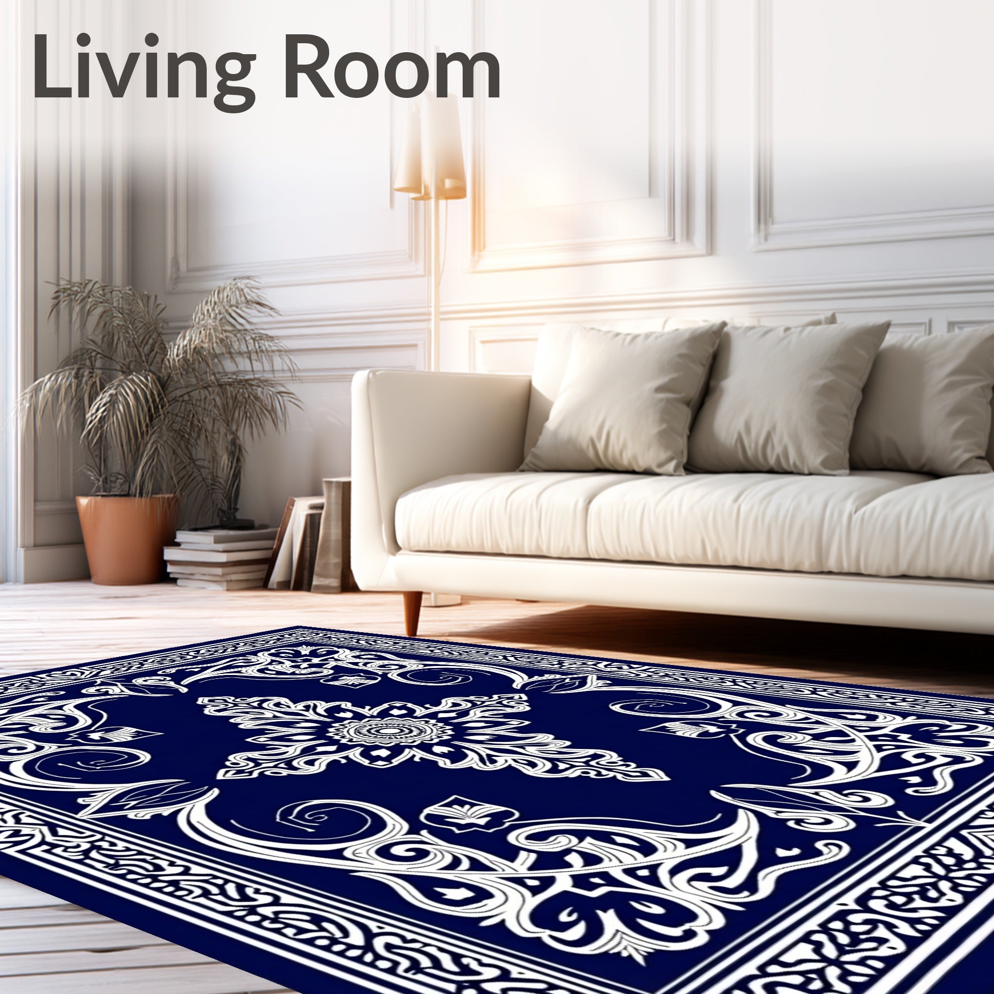 Dark Blue White Floral Medallion Tapestry Rug