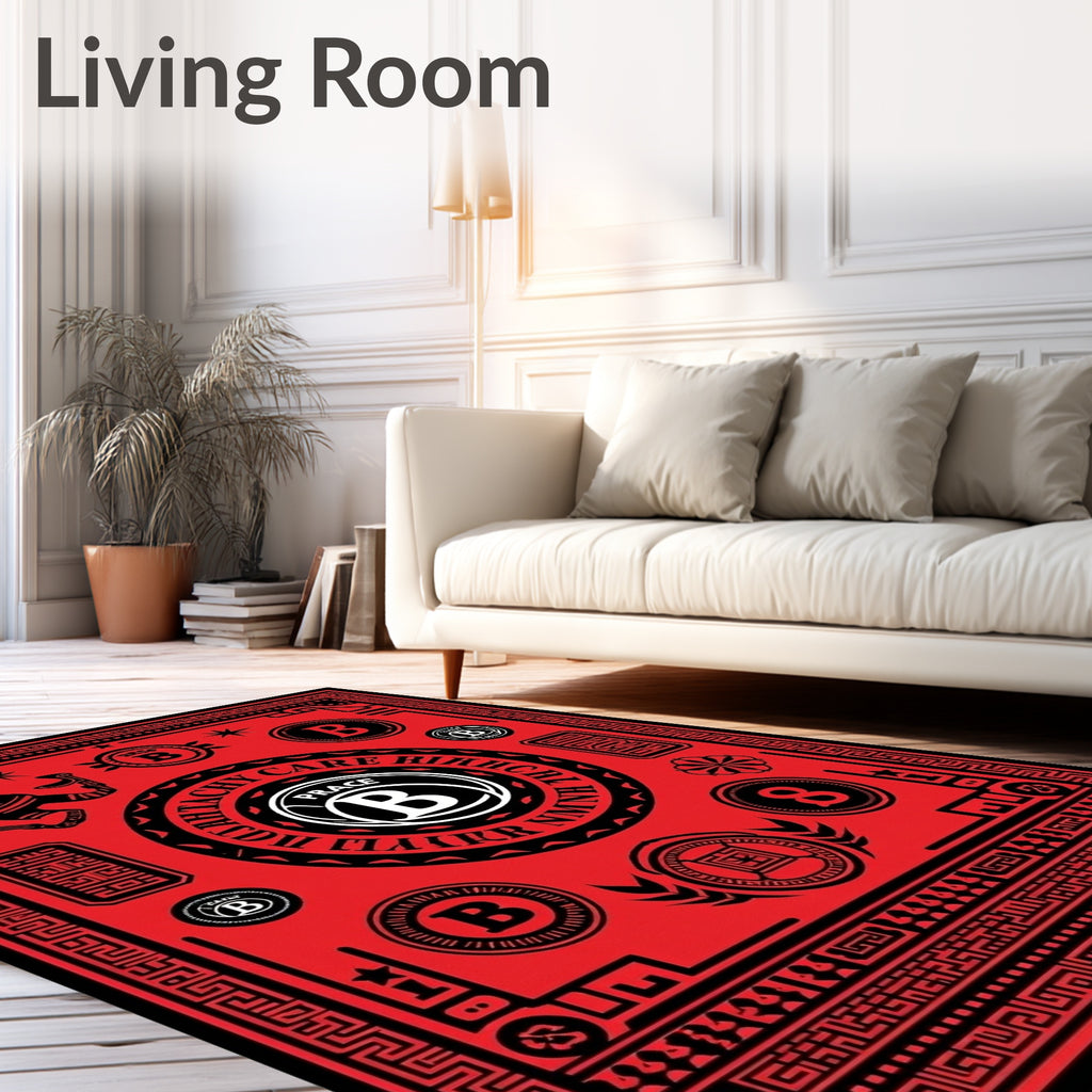 Bold Red Cultural Heraldic Emblem Rug