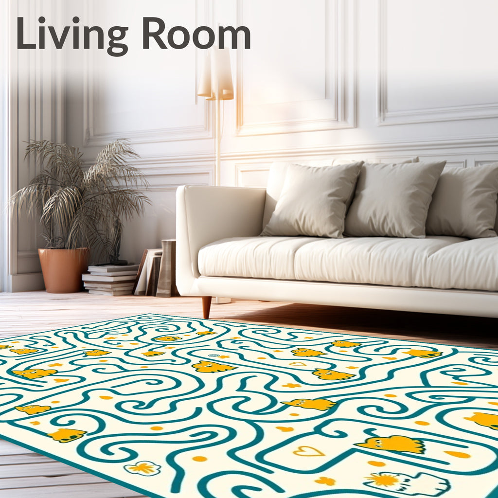 Teal Maze Yellow Whimsical Creatures Rug