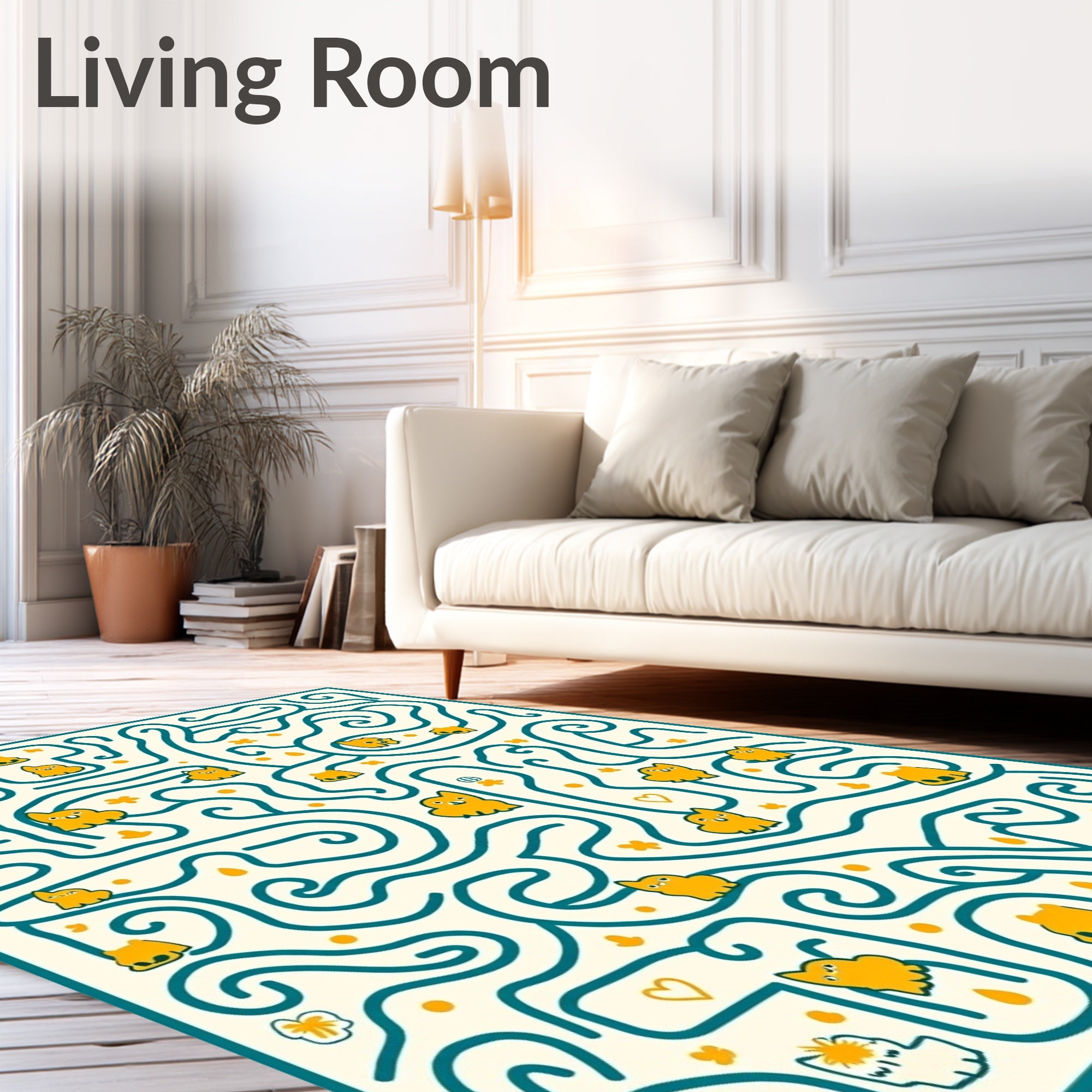 Teal Maze Yellow Whimsical Creatures Rug