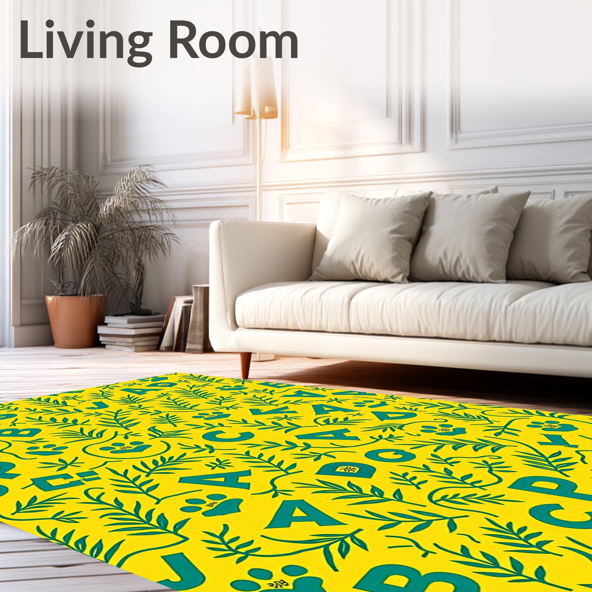 Yellow Teal Alphabet Forest Scene Rug