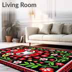Whimsical Red Cow Floral Folk Rug